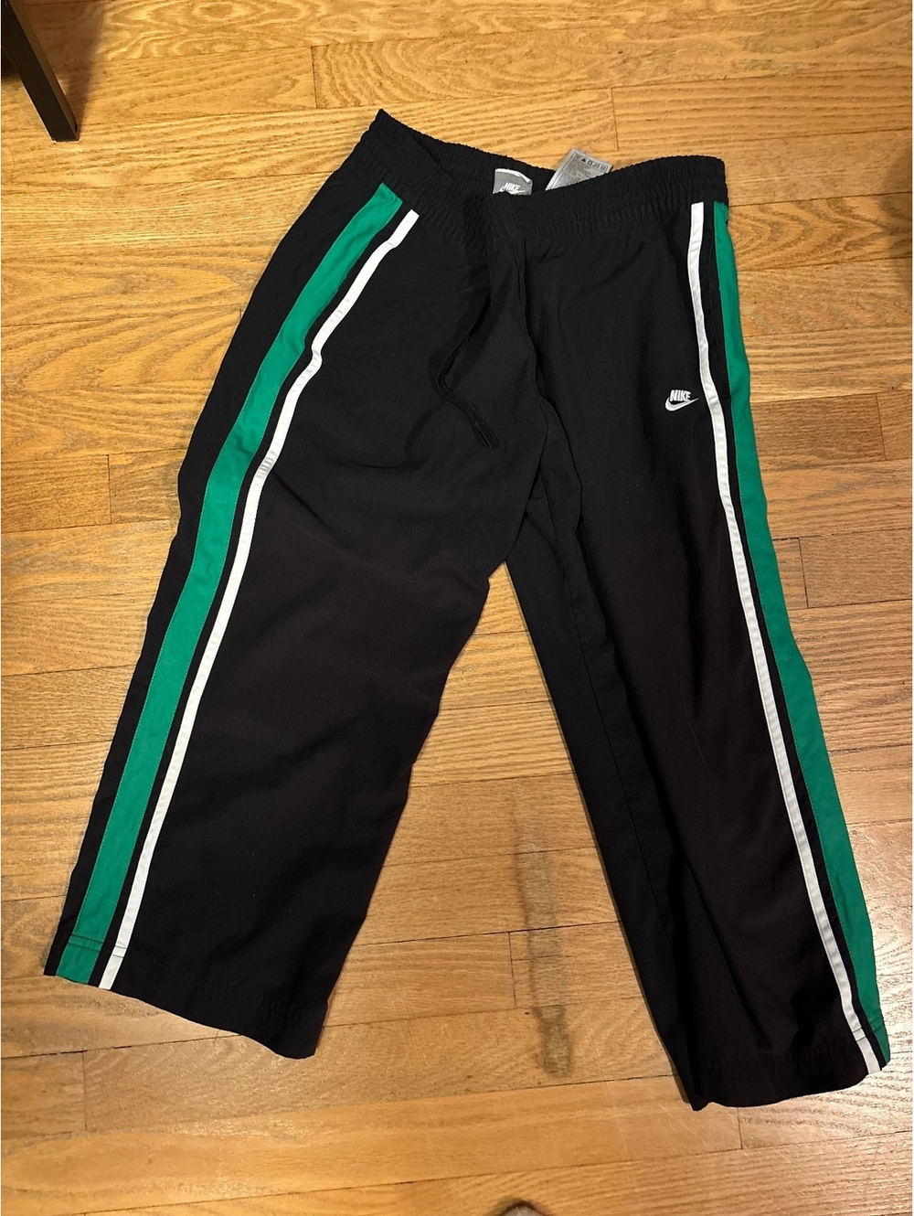 Nike Black Athletic Track Pants with Green and White Stripes